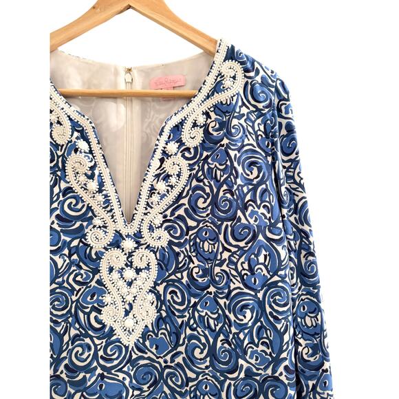 Lilly Pulitzer Blue and White Beaded Embellished Dress Sz Small - Picture 7 of 14